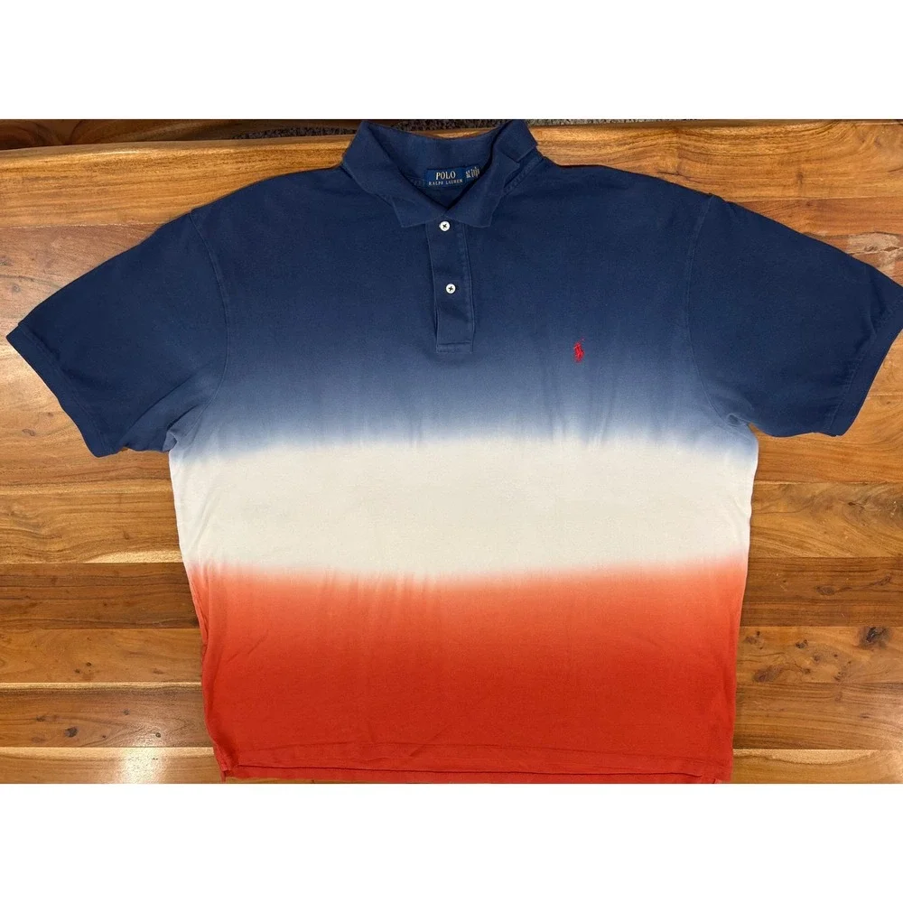 Polo Ralph Lauren Mens 3XLT Ombre Dip Dye Polo Shirt Blue White Red Big & Tall